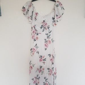 White & Pink Cold Shoulder Floral Maxi Dress